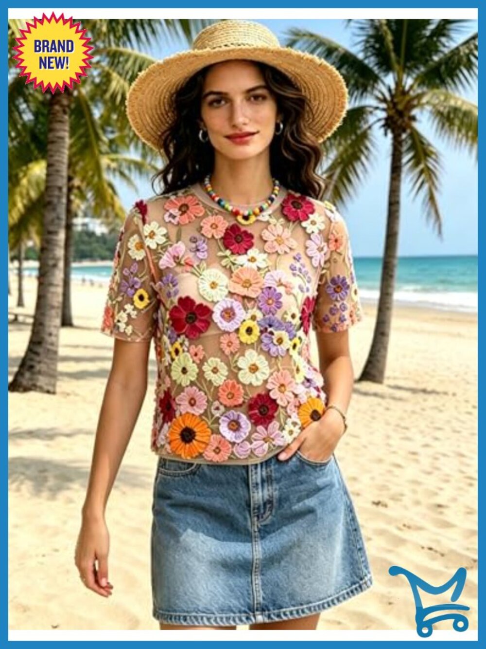 3D Floral Embroidered Sheer Lace Short Sleeve Blouse Tee - Picture 3 of 6